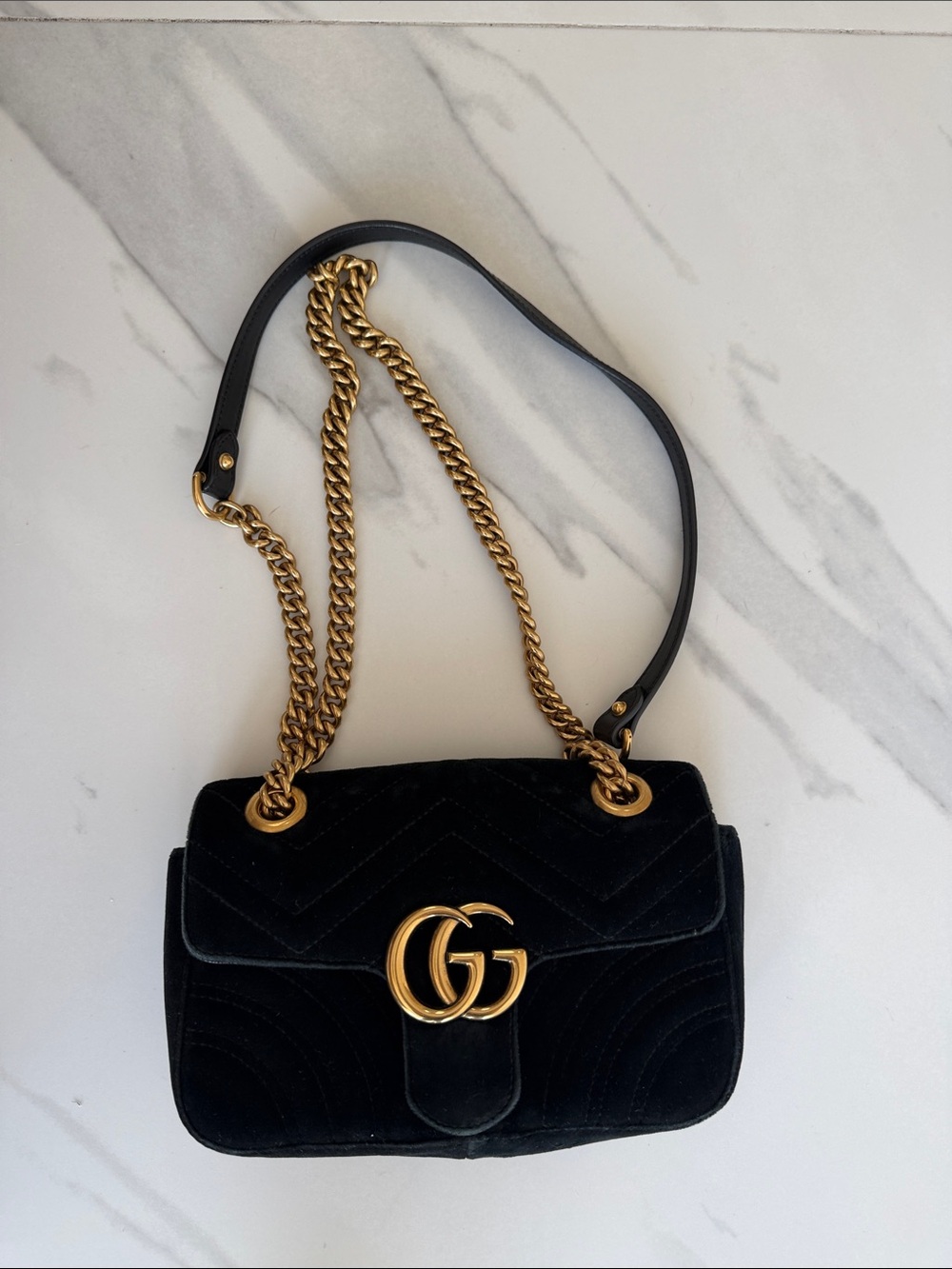 Gucci Black Velvet GG Marmont Shoulder Bag with Gold Hardware